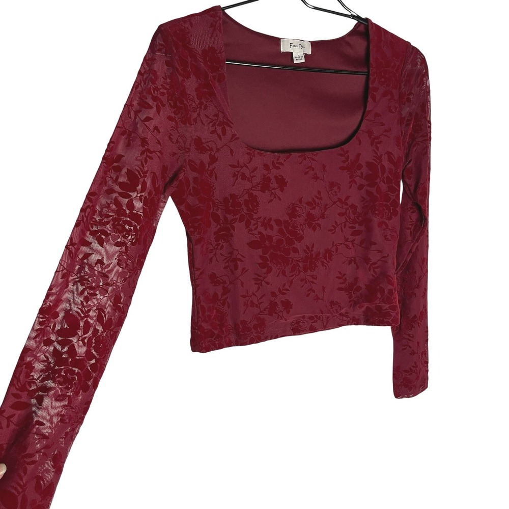 Vtg Faded Rose Womens Velvet Burnout Top Size L Burgundy Floral Mesh Square Neck
